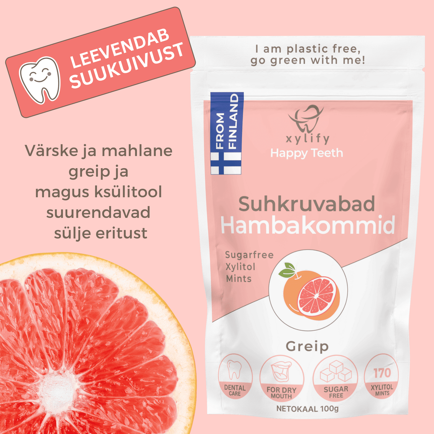 Happy Teeth ksülitooliga hambakommid - Greip 100g / 170tk