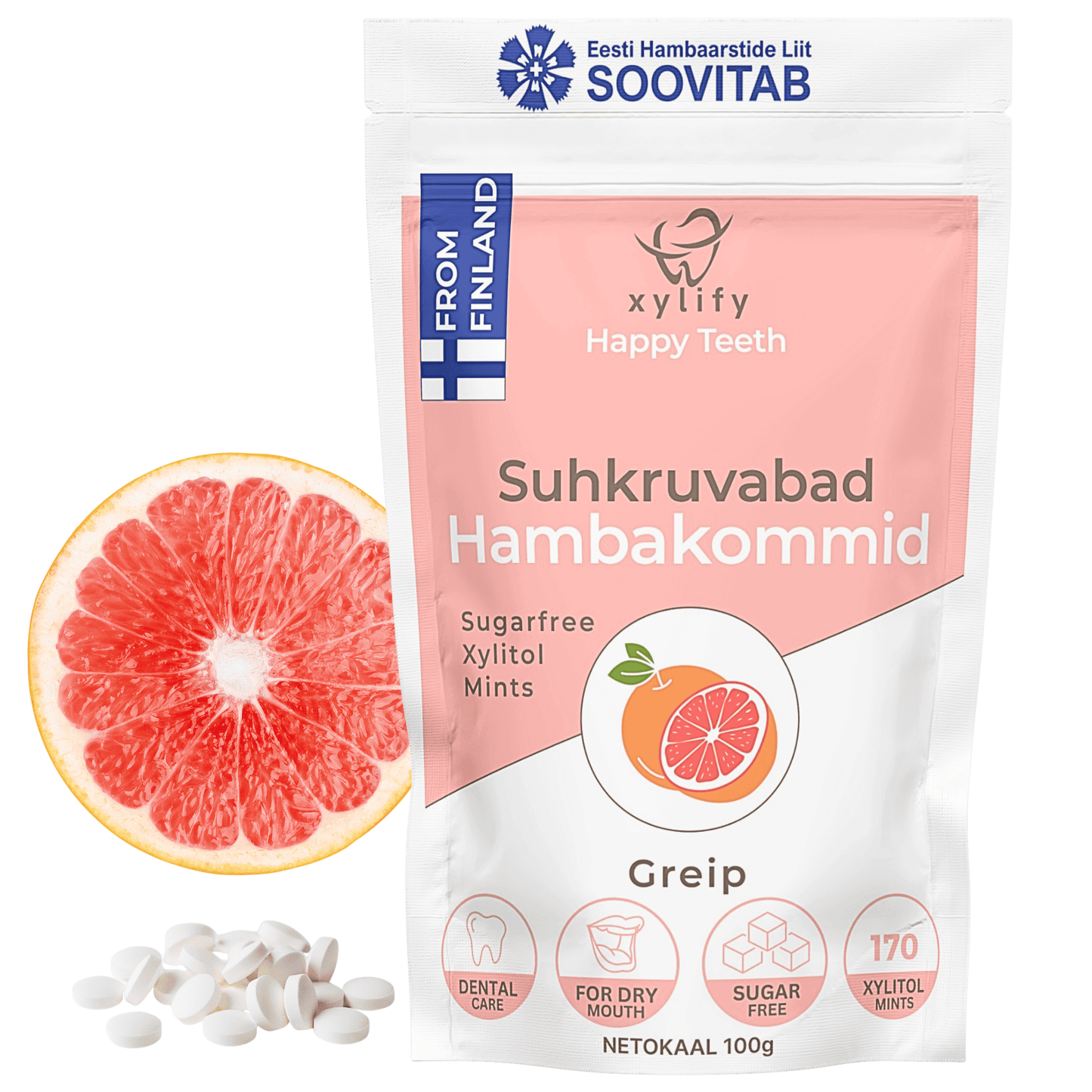 Happy Teeth ksülitooliga hambakommid - Greip 100g / 170tk