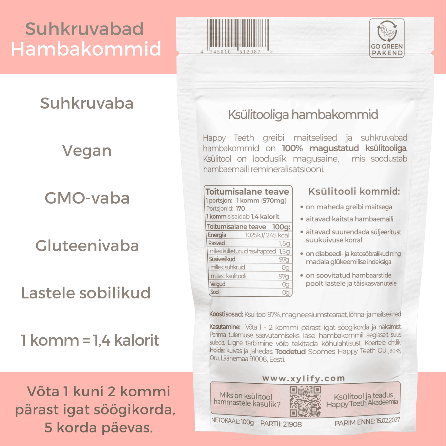 Happy Teeth ksülitooliga hambakommid - Greip 100g / 170tk