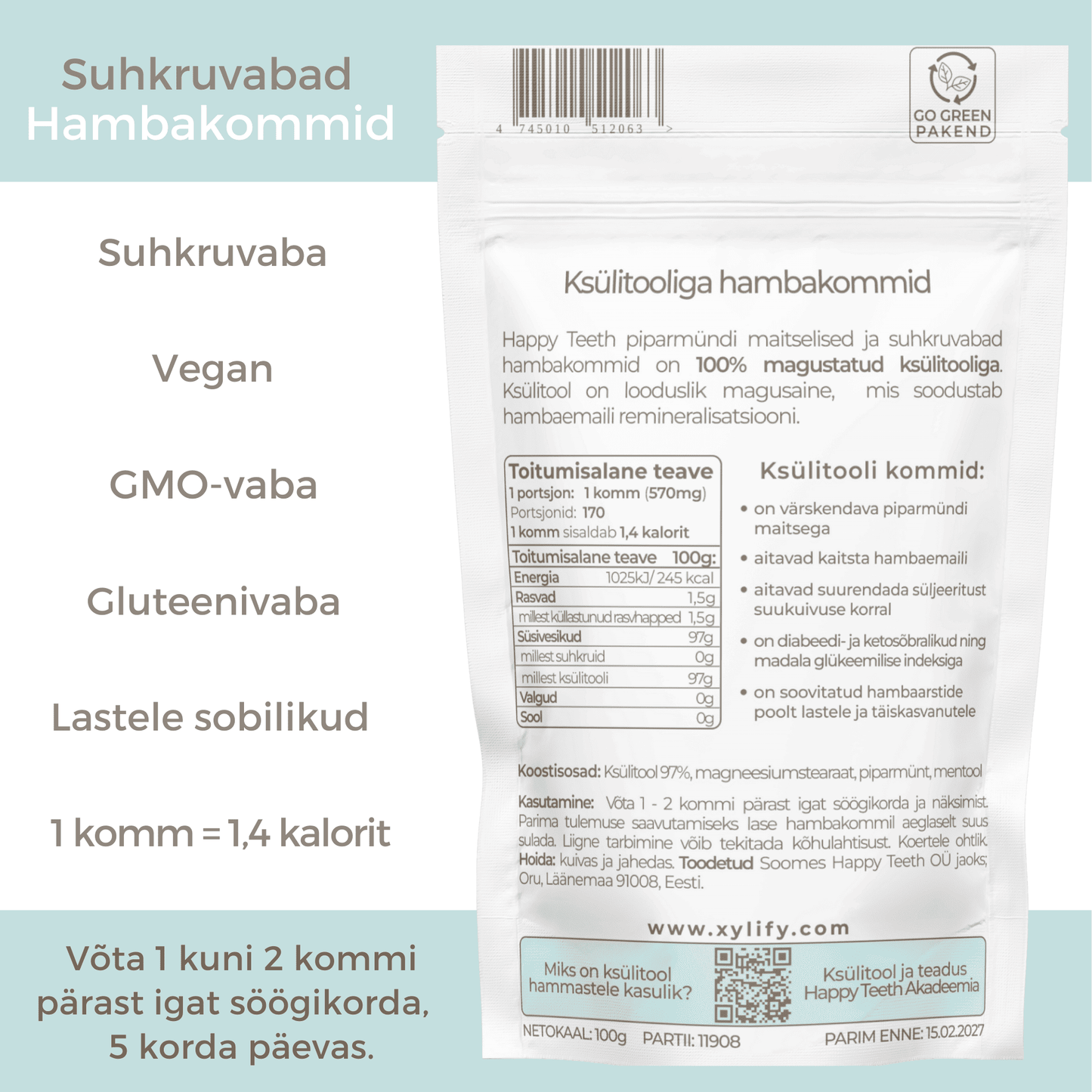 Happy Teeth ksülitooliga hambakommid - Piparmünt 100g / 170tk