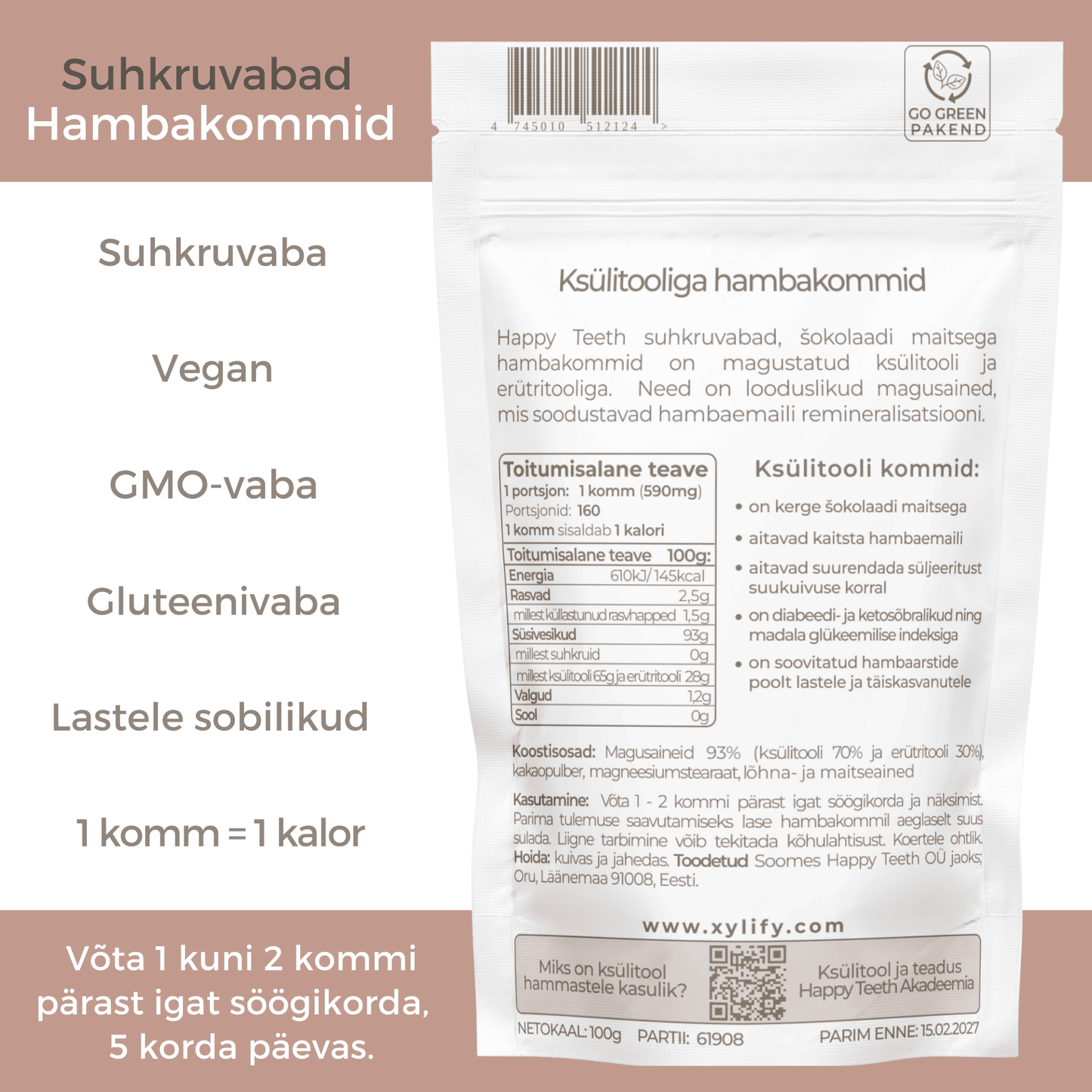 Happy Teeth ksülitooli ja erütritooliga hambakommid - Šokolaad 100g /160tk