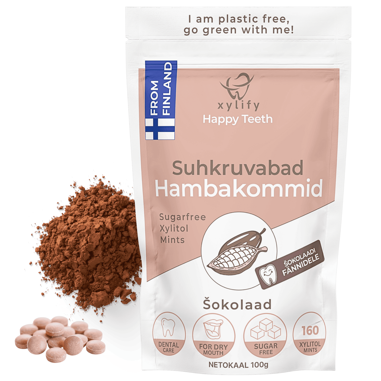 Happy Teeth ksülitooli ja erütritooliga hambakommid - Šokolaad 100g /160tk