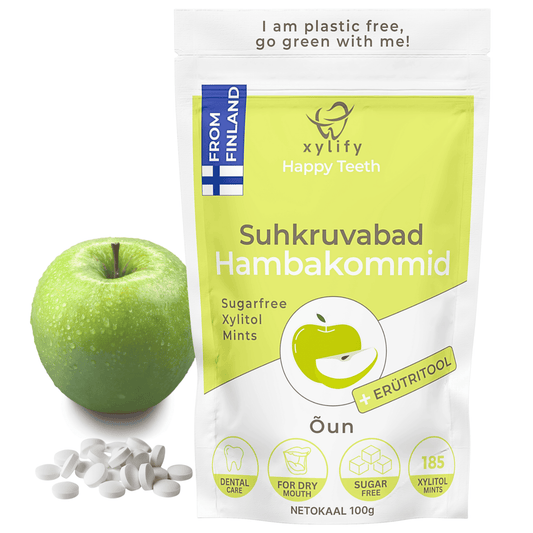Happy Teeth ksülitooli ja erütritooliga hambakommid - Õun 100g / 185tk