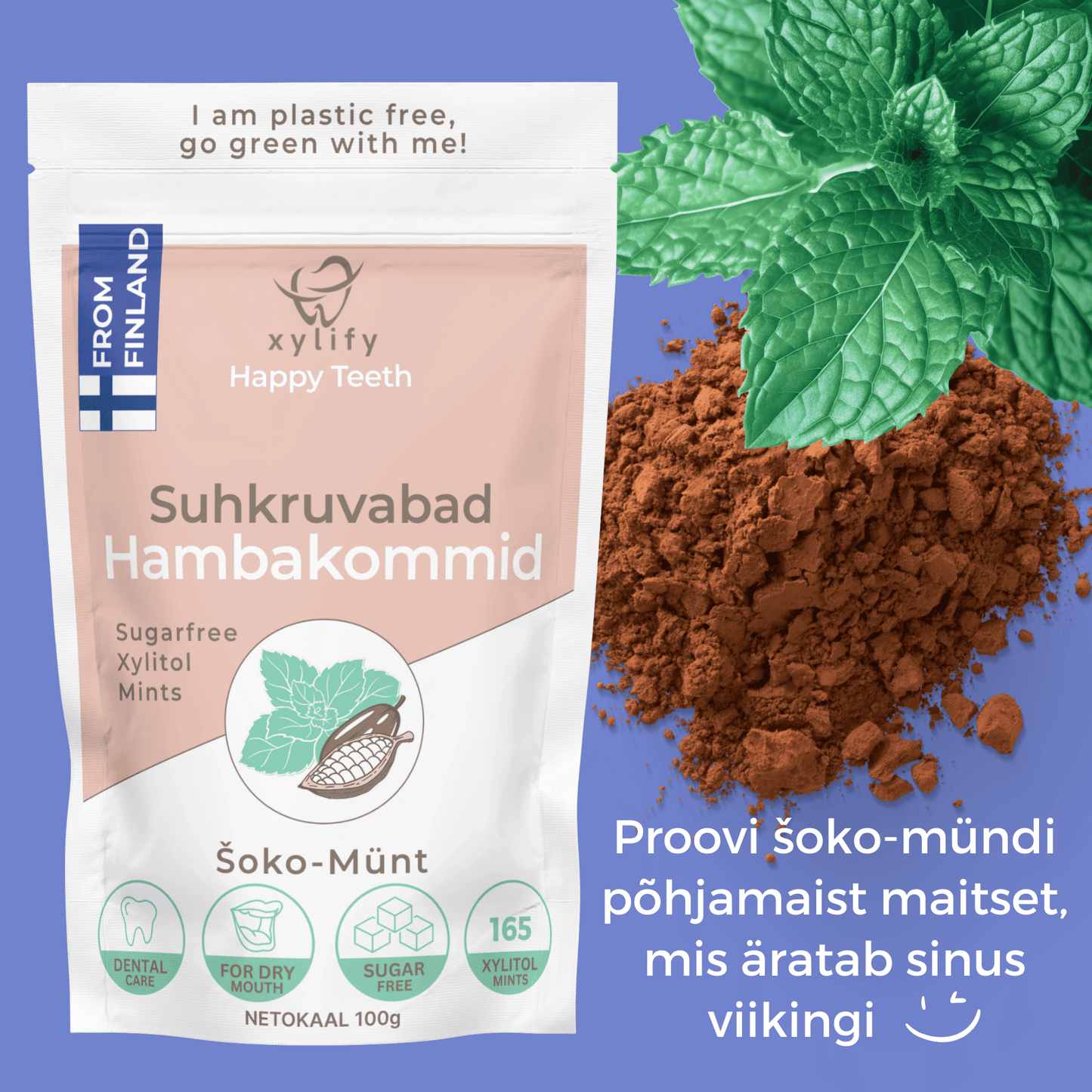 Happy Teeth ksülitooliga hambakommid - Šoko-Münt 100g / 165tk