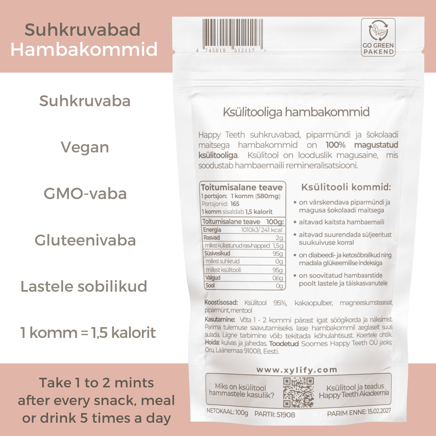 Happy Teeth ksülitooliga hambakommid - Šoko-Münt 100g / 165tk