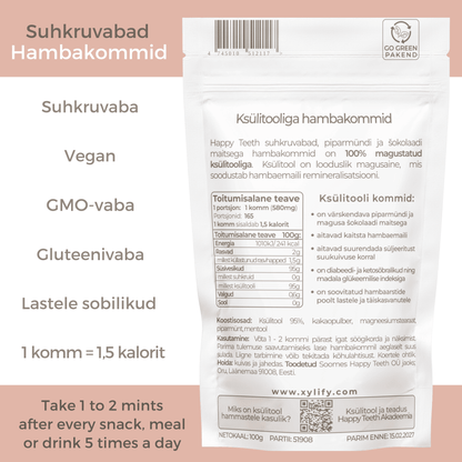 Happy Teeth ksülitooliga hambakommid - Šoko-Münt 100g / 165tk