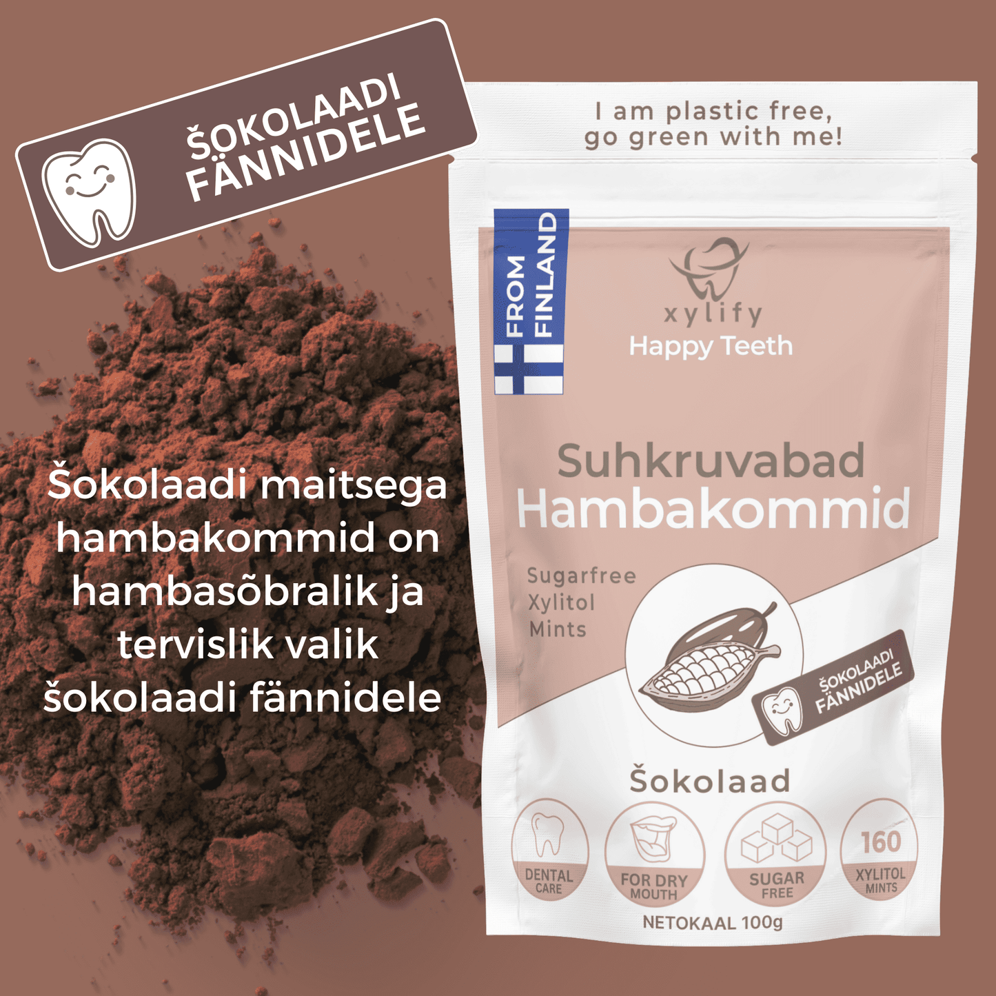 Happy Teeth ksülitooli ja erütritooliga hambakommid - Šokolaad 100g /160tk