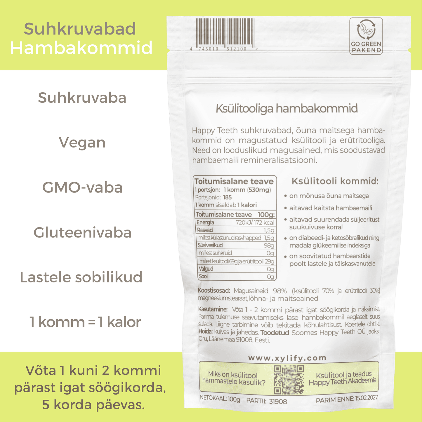 Happy Teeth ksülitooli ja erütritooliga hambakommid - Õun 100g / 185tk