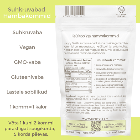 Happy Teeth ksülitooli ja erütritooliga hambakommid - Õun 100g / 185tk